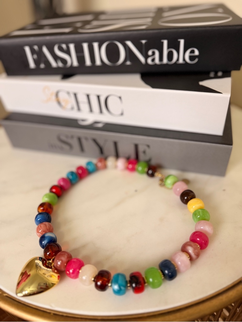 Gold Heart Charm Multicolor Beaded Necklace